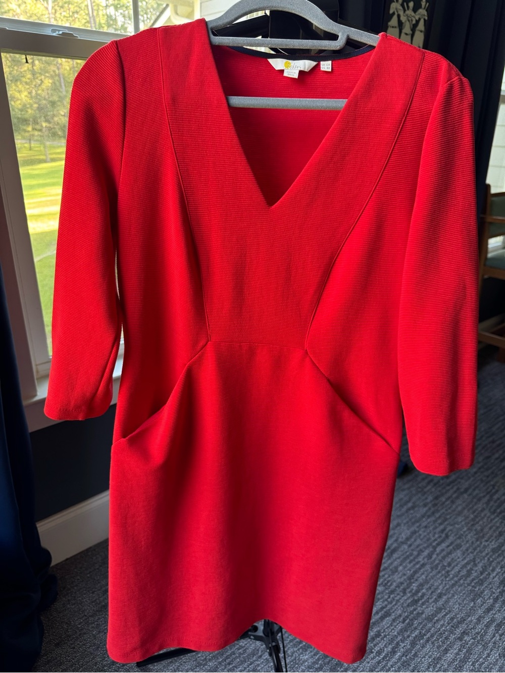Boden Bronte Ottoman Ribbed V-Neck Dress Pockets Red EUC US 8R/UK 12R